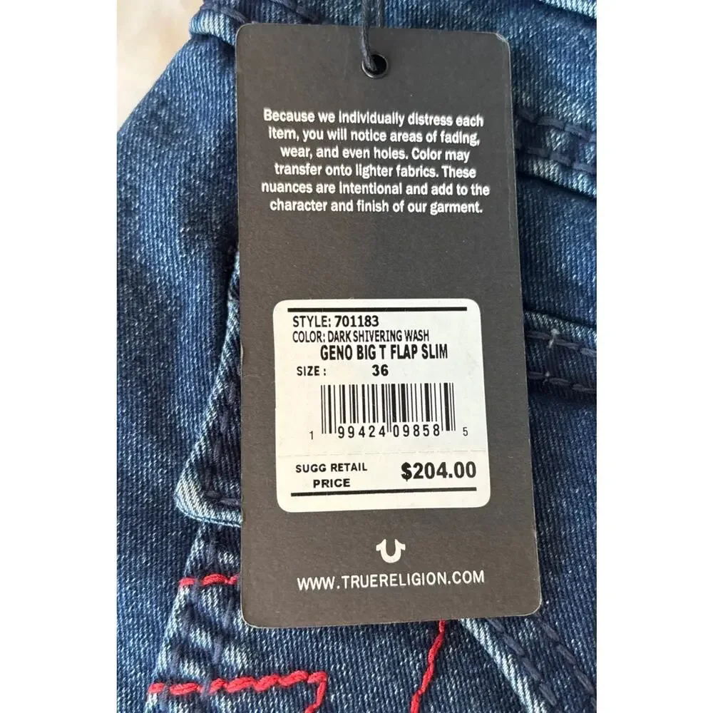 NWT True Religion Geno SN Slim Jeans 36x32 Dark Shivering Wash Denim 5 Pocket